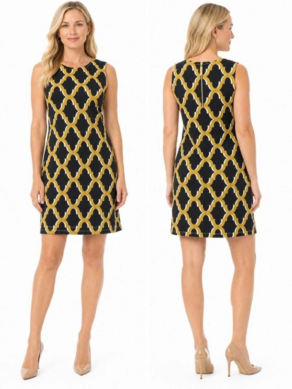 J McLaughlin Women’s Black/Gold Geometric Stretch Shift Dress Size M OfficeChic